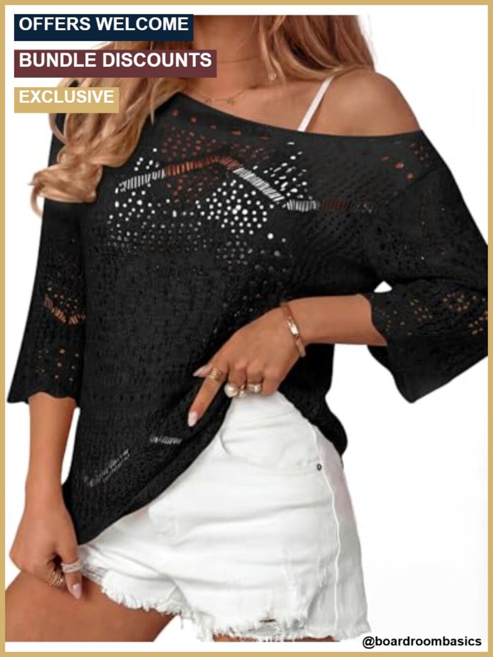 Crochet Hollow Out Knit Coverup 3/4 Sleeve Viscose Beach Top